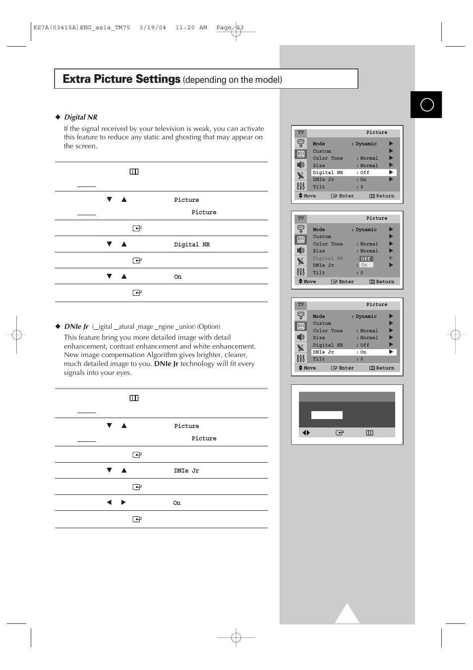Extra picture settings (depending on the model), Extra picture settings, Depending on the model) | Samsung TXR2735X-XAA User Manual | Page 22 / 47