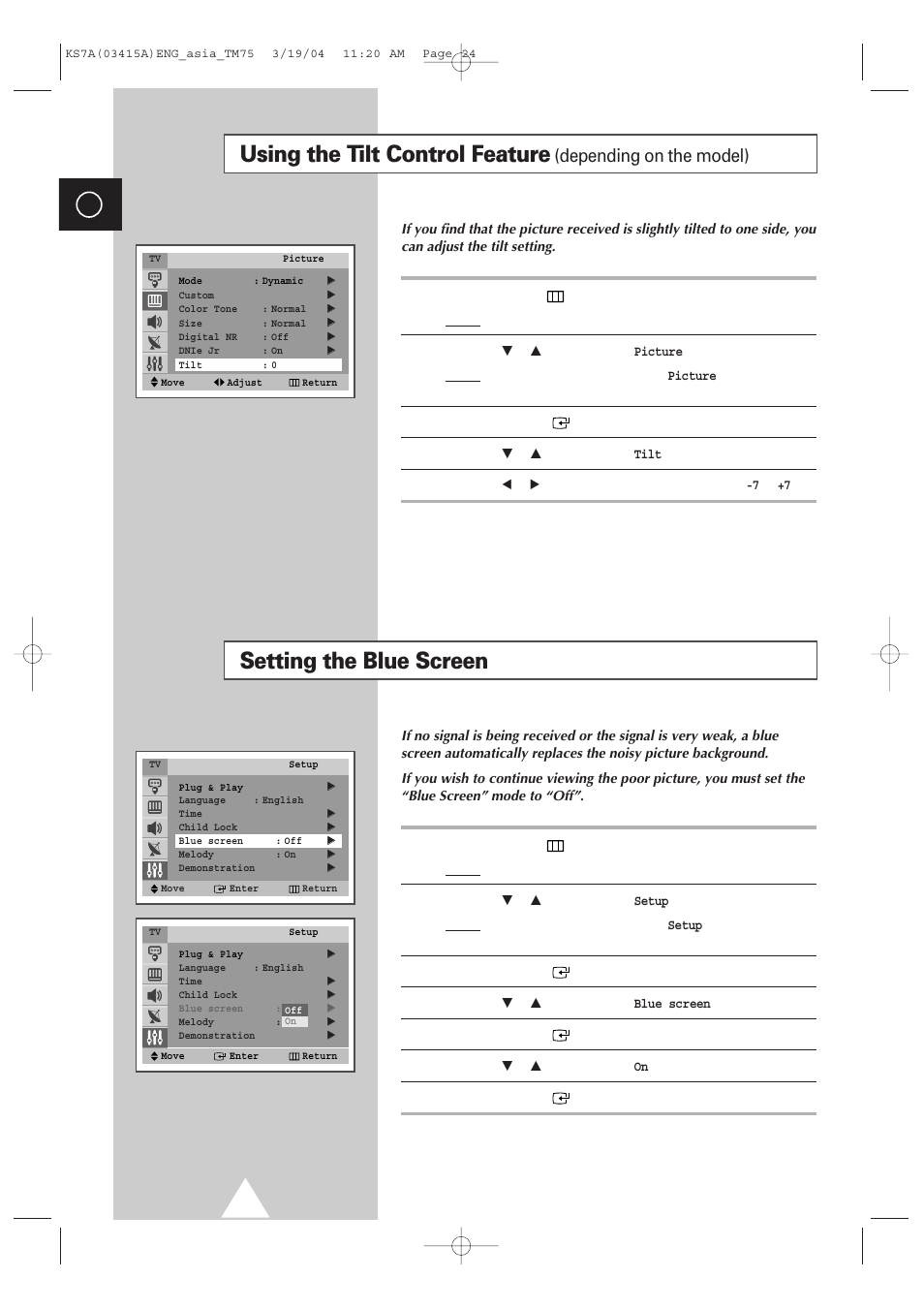 Setting the blue screen, Using the tilt control feature, Depending on the model) | Samsung TXR2735X-XAA User Manual | Page 23 / 47