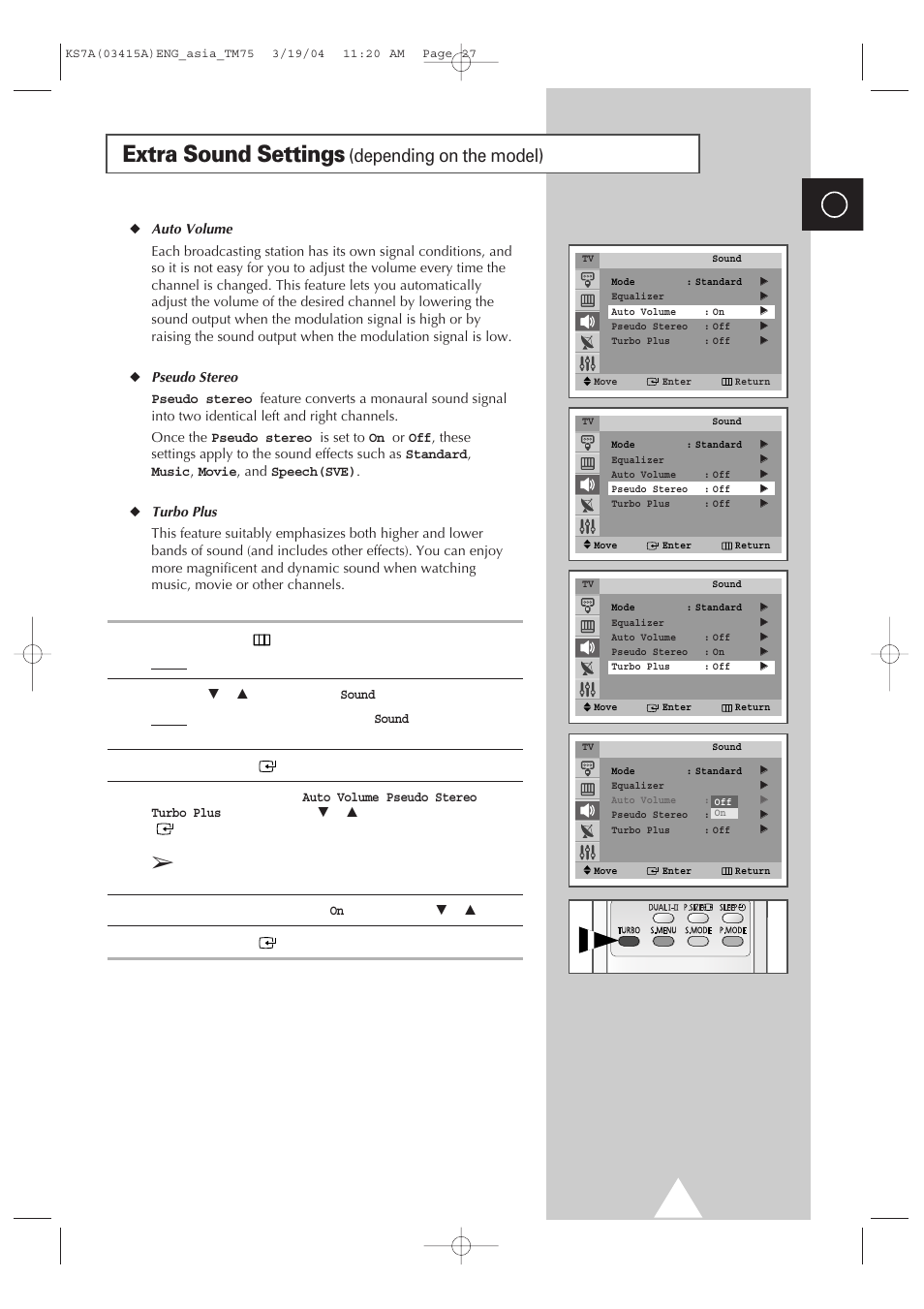 Extra sound settings (depending on the model), Extra sound settings, Depending on the model) | Samsung TXR2735X-XAA User Manual | Page 26 / 47