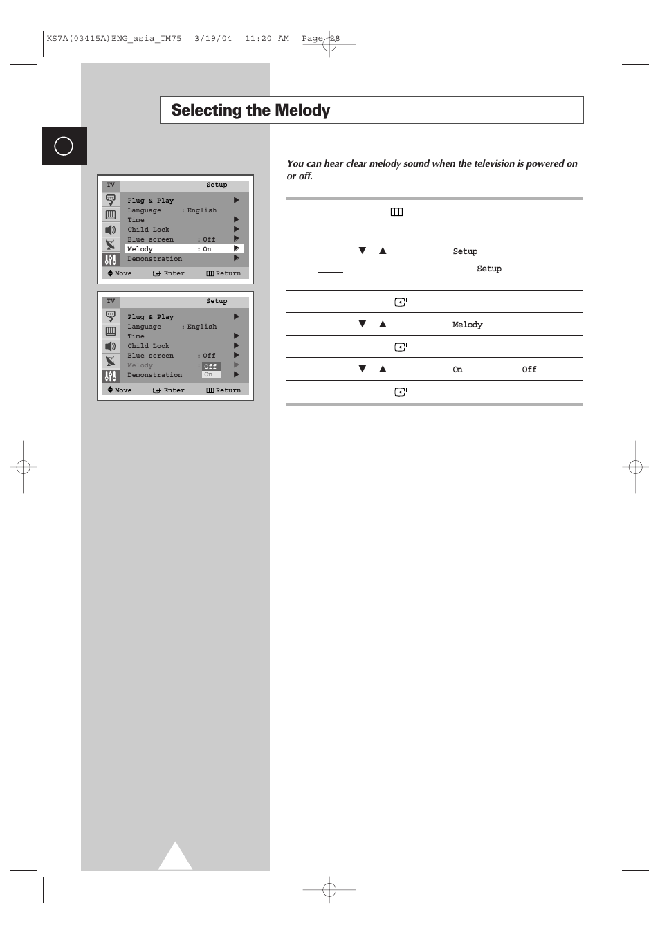 Selecting the melody | Samsung TXR2735X-XAA User Manual | Page 27 / 47