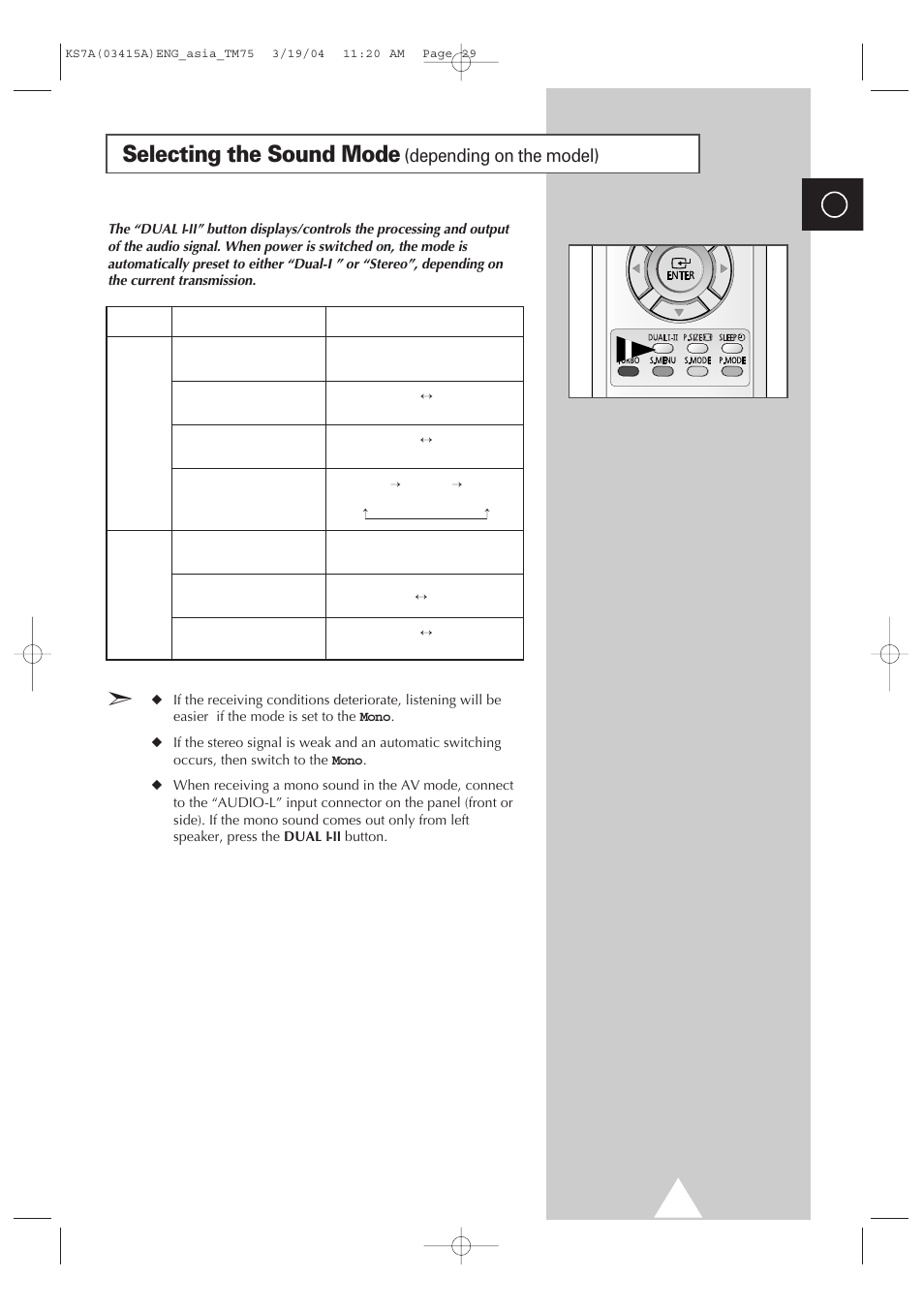 Selecting the sound mode (depending on the model), Selecting the sound mode, Depending on the model) | Samsung TXR2735X-XAA User Manual | Page 28 / 47
