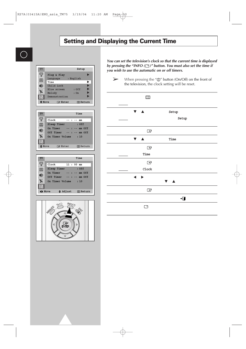 Setting and displaying the current time | Samsung TXR2735X-XAA User Manual | Page 29 / 47