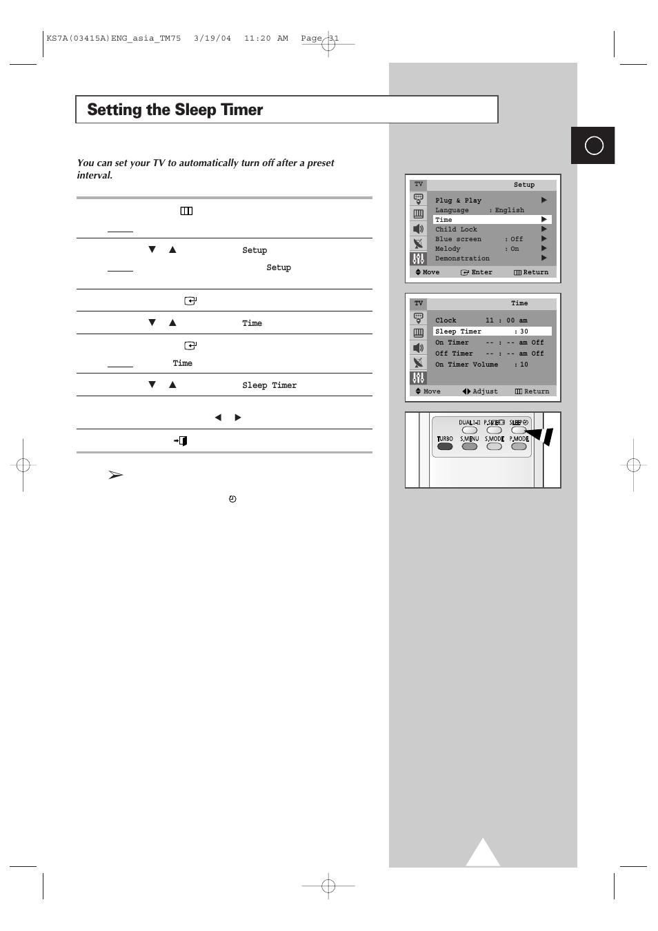 Setting the sleep timer | Samsung TXR2735X-XAA User Manual | Page 30 / 47