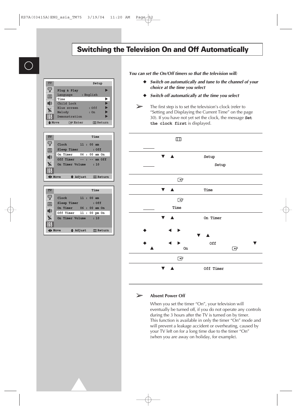 Switching the television on and off automatically | Samsung TXR2735X-XAA User Manual | Page 31 / 47