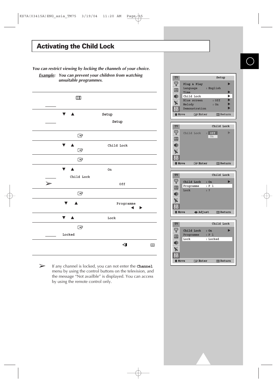 Activating the child lock | Samsung TXR2735X-XAA User Manual | Page 34 / 47