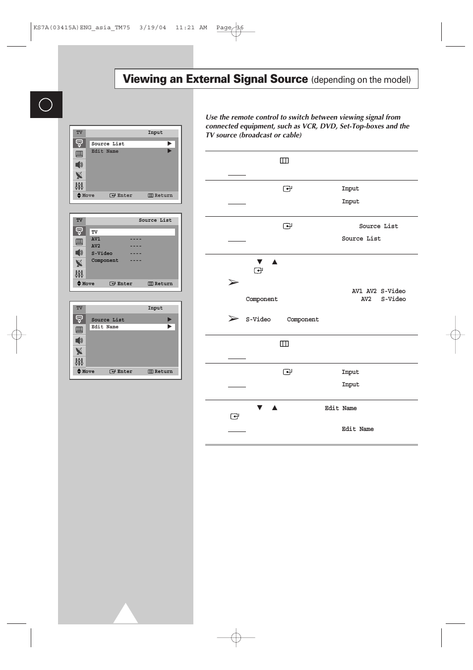 Viewing an external signal source, Depending on the model) | Samsung TXR2735X-XAA User Manual | Page 35 / 47