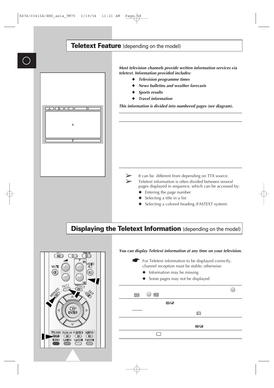 Teletext feature (depending on the model), Teletext feature, Displaying the teletext information | Depending on the model) | Samsung TXR2735X-XAA User Manual | Page 37 / 47