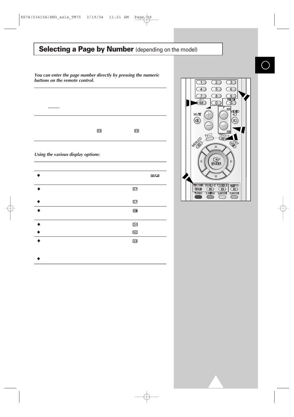 Selecting a page by number, Depending on the model) | Samsung TXR2735X-XAA User Manual | Page 38 / 47