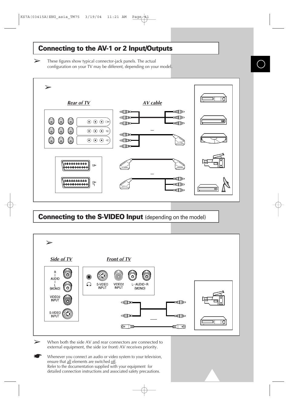 Additional information on connections, Connecting to the av-1 or 2 input/outputs, Connecting to the s-video input | Depending on the model) | Samsung TXR2735X-XAA User Manual | Page 40 / 47