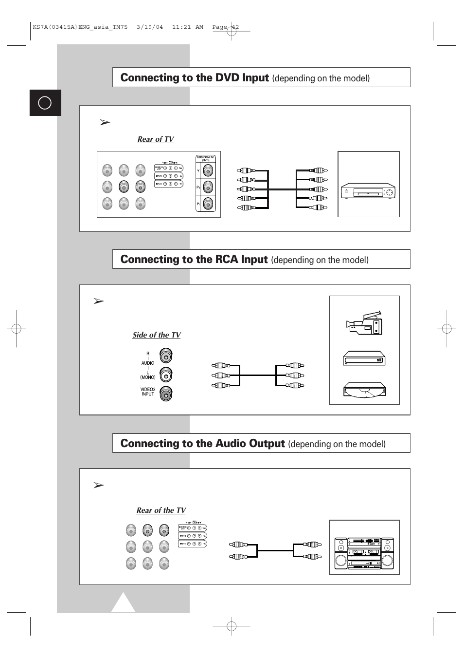 Connecting to the audio output, Connecting to the dvd input, Connecting to the rca input | Samsung TXR2735X-XAA User Manual | Page 41 / 47