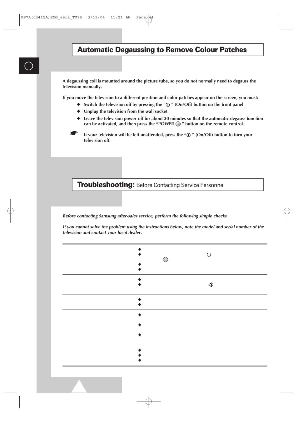 Recommendations for use, Automatic degaussing to remove colour patches, Troubleshooting | Before contacting service personnel | Samsung TXR2735X-XAA User Manual | Page 43 / 47