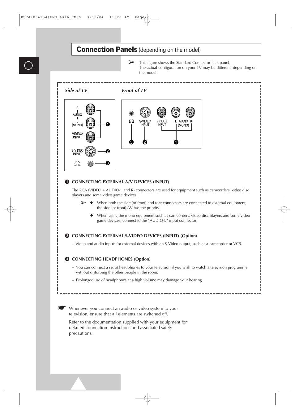 Connection panels (depending on the model), Connection panels, Depending on the model) | Samsung TXR2735X-XAA User Manual | Page 5 / 47