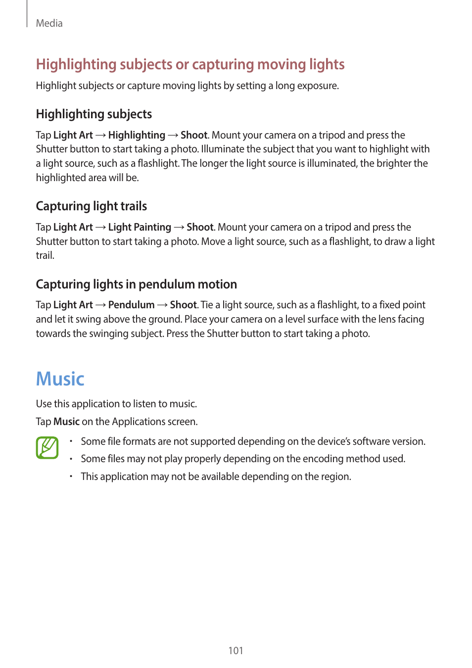 Music, 101 music, Highlighting subjects or capturing moving lights | Samsung EK-GC200ZWAXAR User Manual | Page 101 / 166