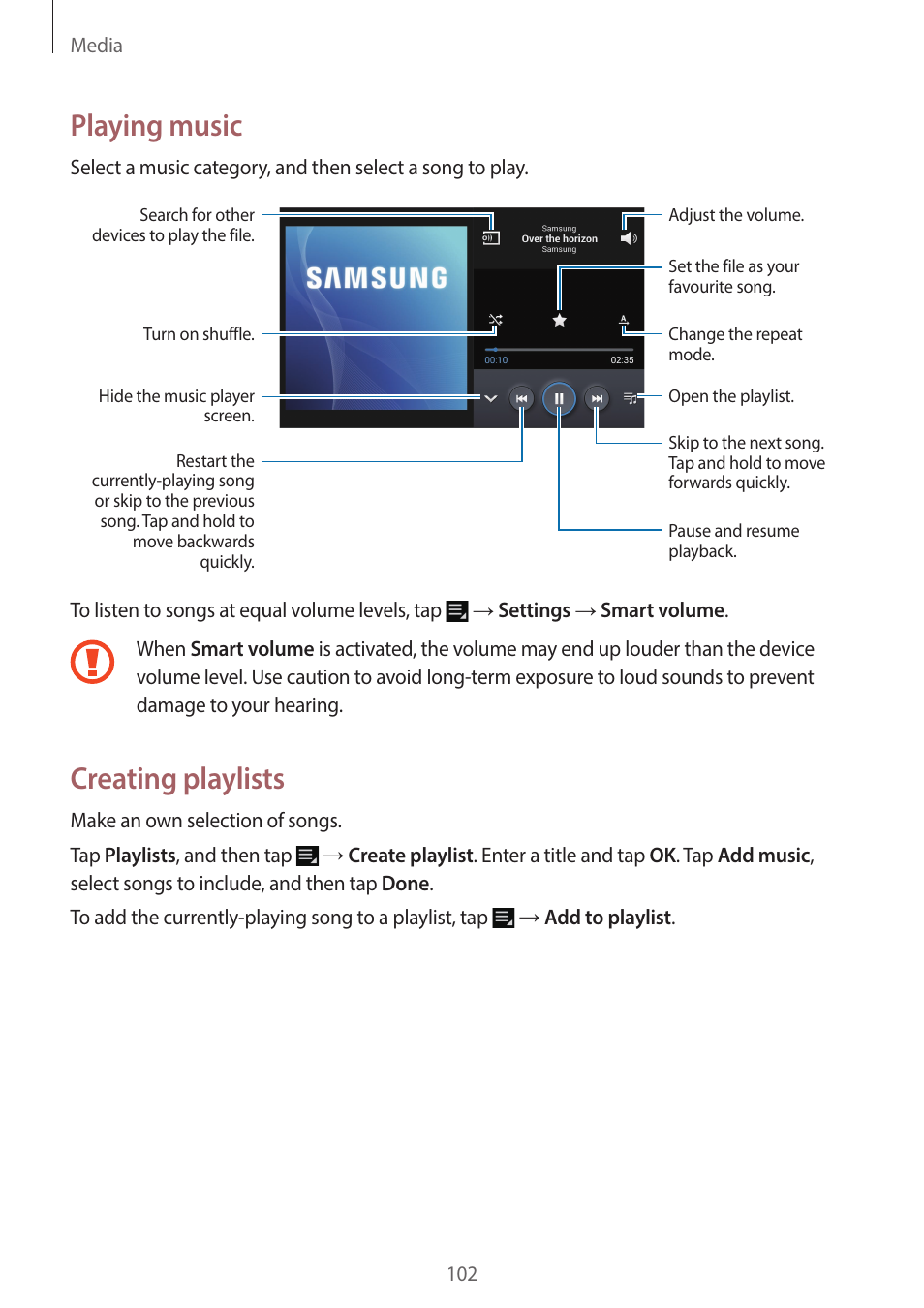 Playing music, Creating playlists | Samsung EK-GC200ZWAXAR User Manual | Page 102 / 166