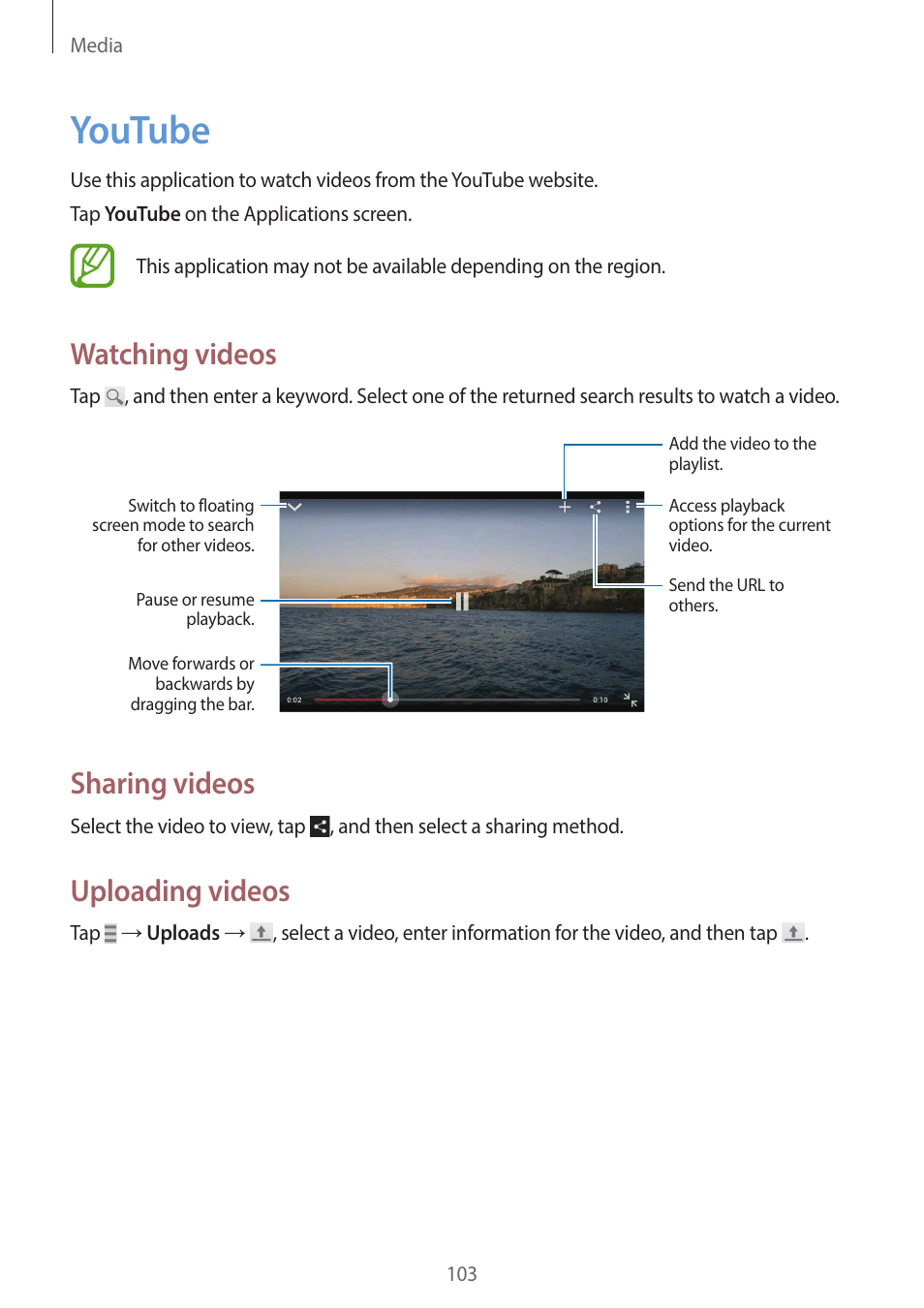 Youtube, 103 youtube, Watching videos | Sharing videos, Uploading videos | Samsung EK-GC200ZWAXAR User Manual | Page 103 / 166