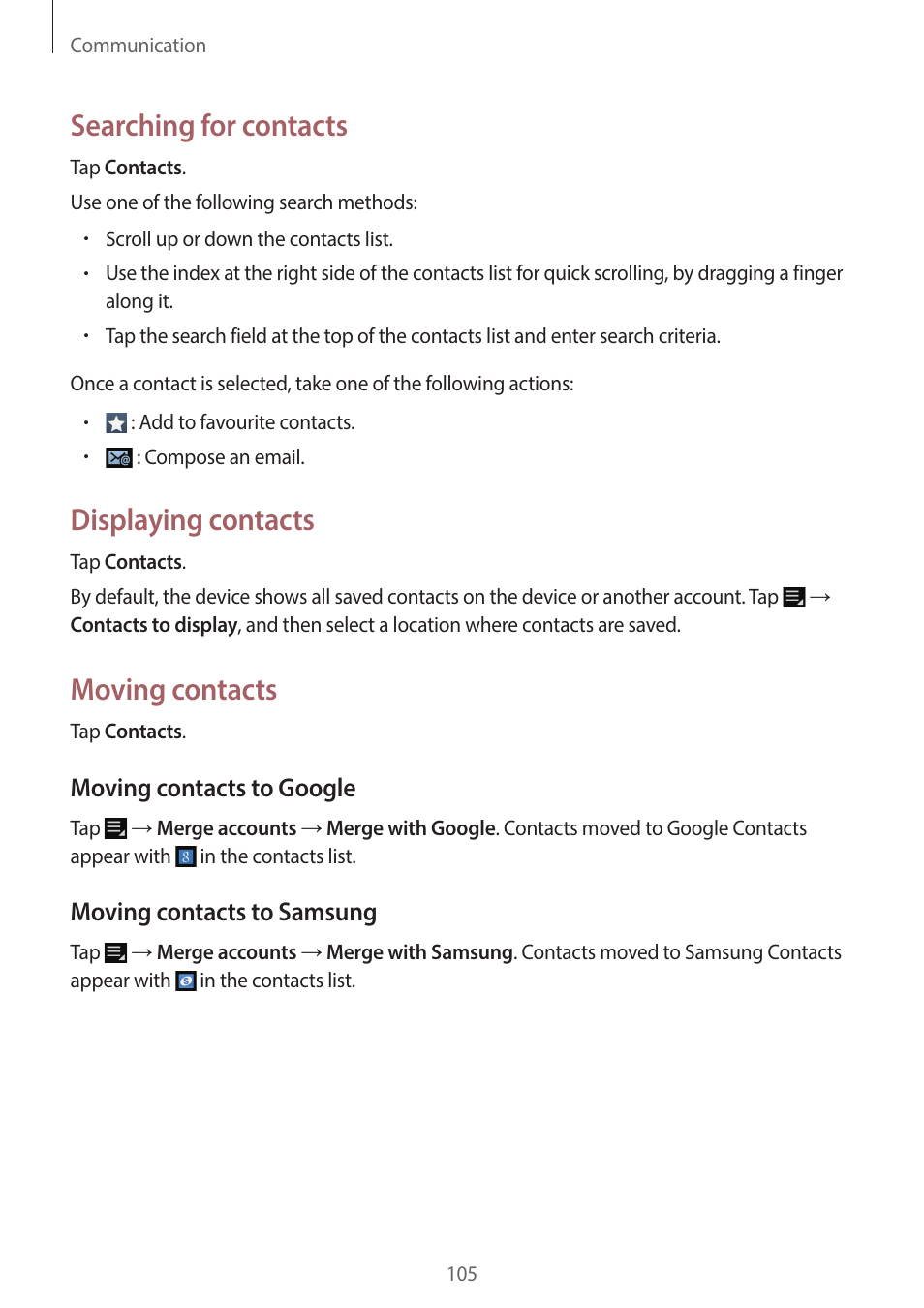Searching for contacts, Displaying contacts, Moving contacts | Samsung EK-GC200ZWAXAR User Manual | Page 105 / 166