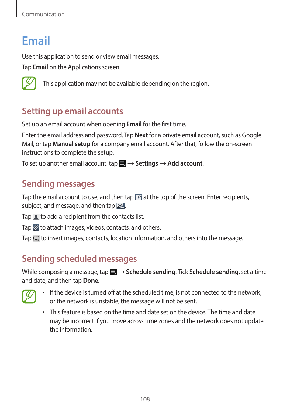 Email, 108 email, Setting up email accounts | Sending messages, Sending scheduled messages | Samsung EK-GC200ZWAXAR User Manual | Page 108 / 166