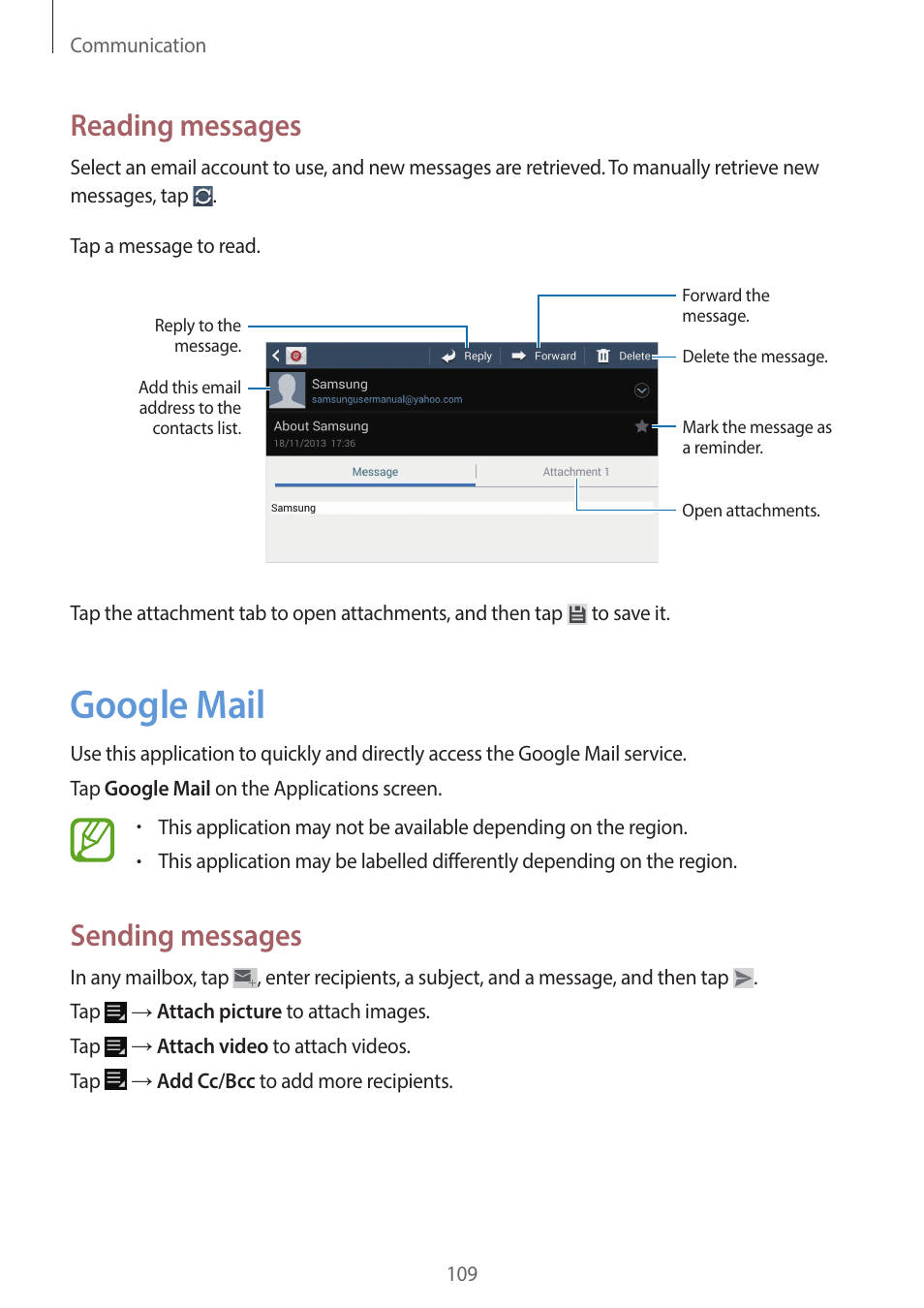 Google mail, 109 google mail, Reading messages | Sending messages | Samsung EK-GC200ZWAXAR User Manual | Page 109 / 166