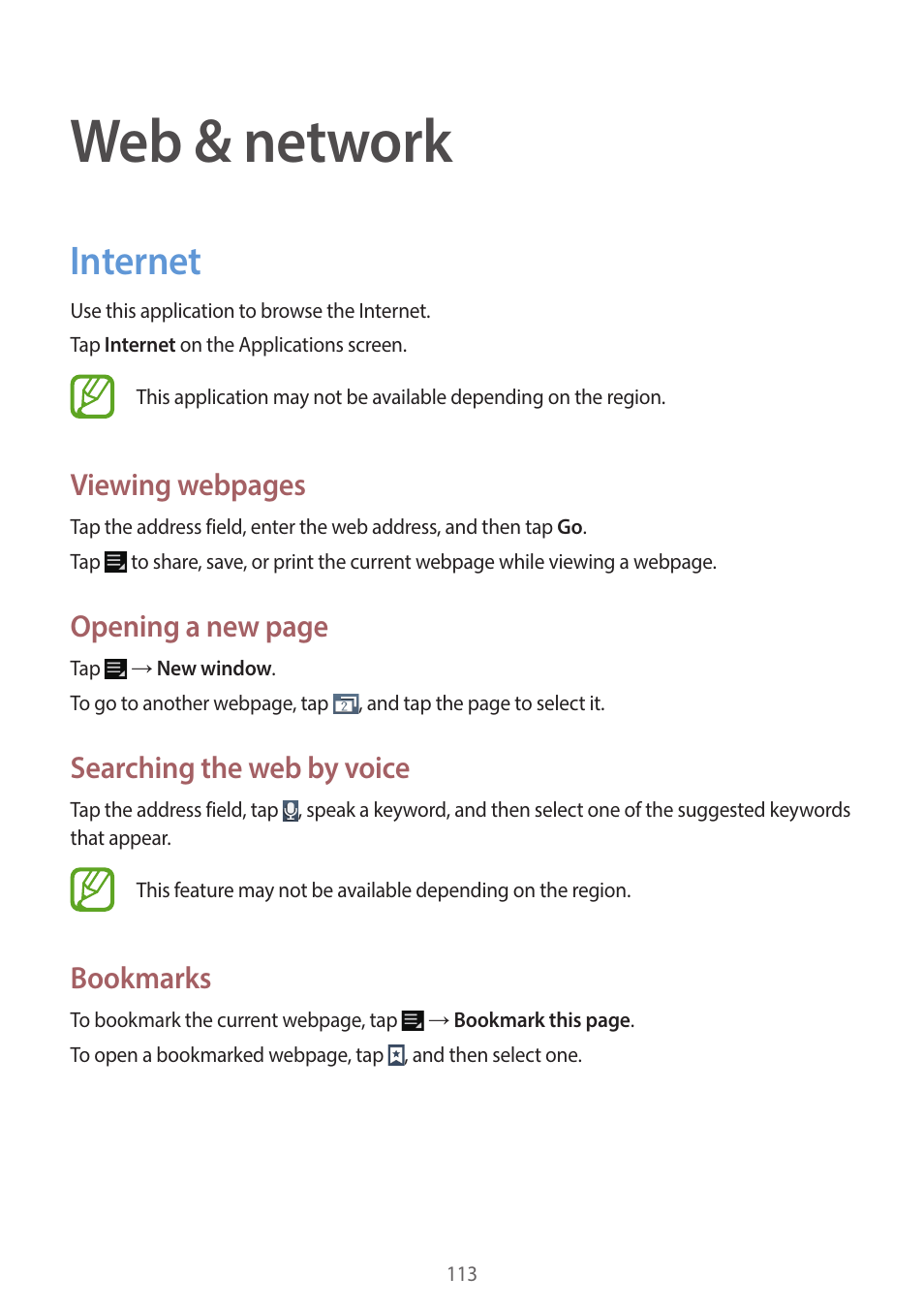 Web & network, Internet, 113 internet | Viewing webpages, Opening a new page, Searching the web by voice, Bookmarks | Samsung EK-GC200ZWAXAR User Manual | Page 113 / 166