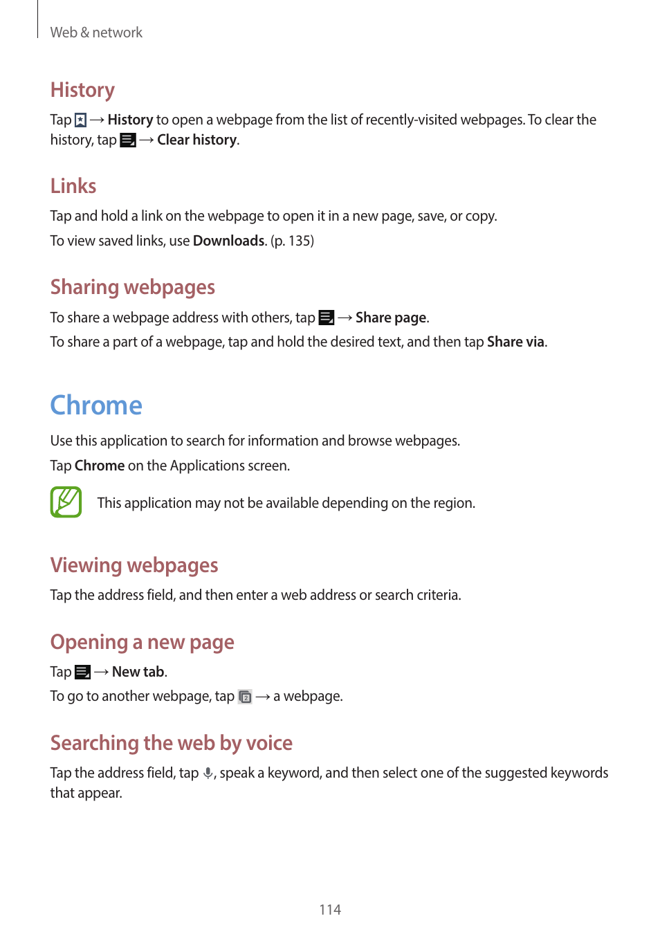 Chrome, 114 chrome, History | Links, Sharing webpages, Viewing webpages, Opening a new page, Searching the web by voice | Samsung EK-GC200ZWAXAR User Manual | Page 114 / 166