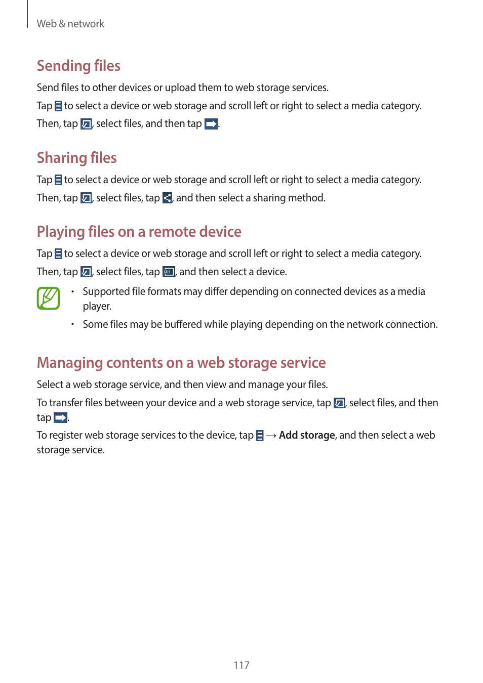 Sending files, Sharing files, Playing files on a remote device | Managing contents on a web storage service | Samsung EK-GC200ZWAXAR User Manual | Page 117 / 166