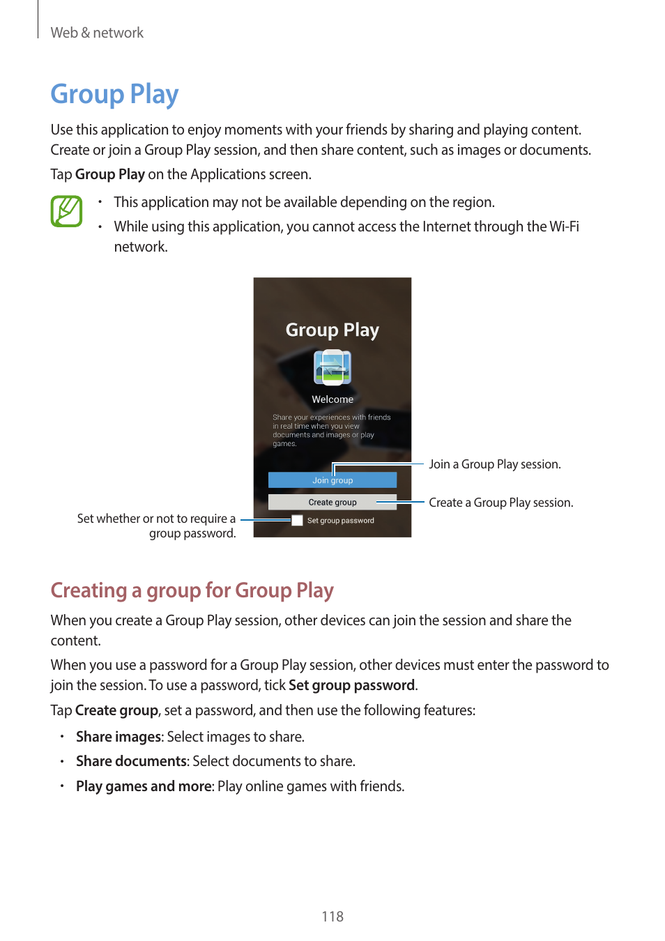 Group play, 118 group play, Creating a group for group play | Samsung EK-GC200ZWAXAR User Manual | Page 118 / 166
