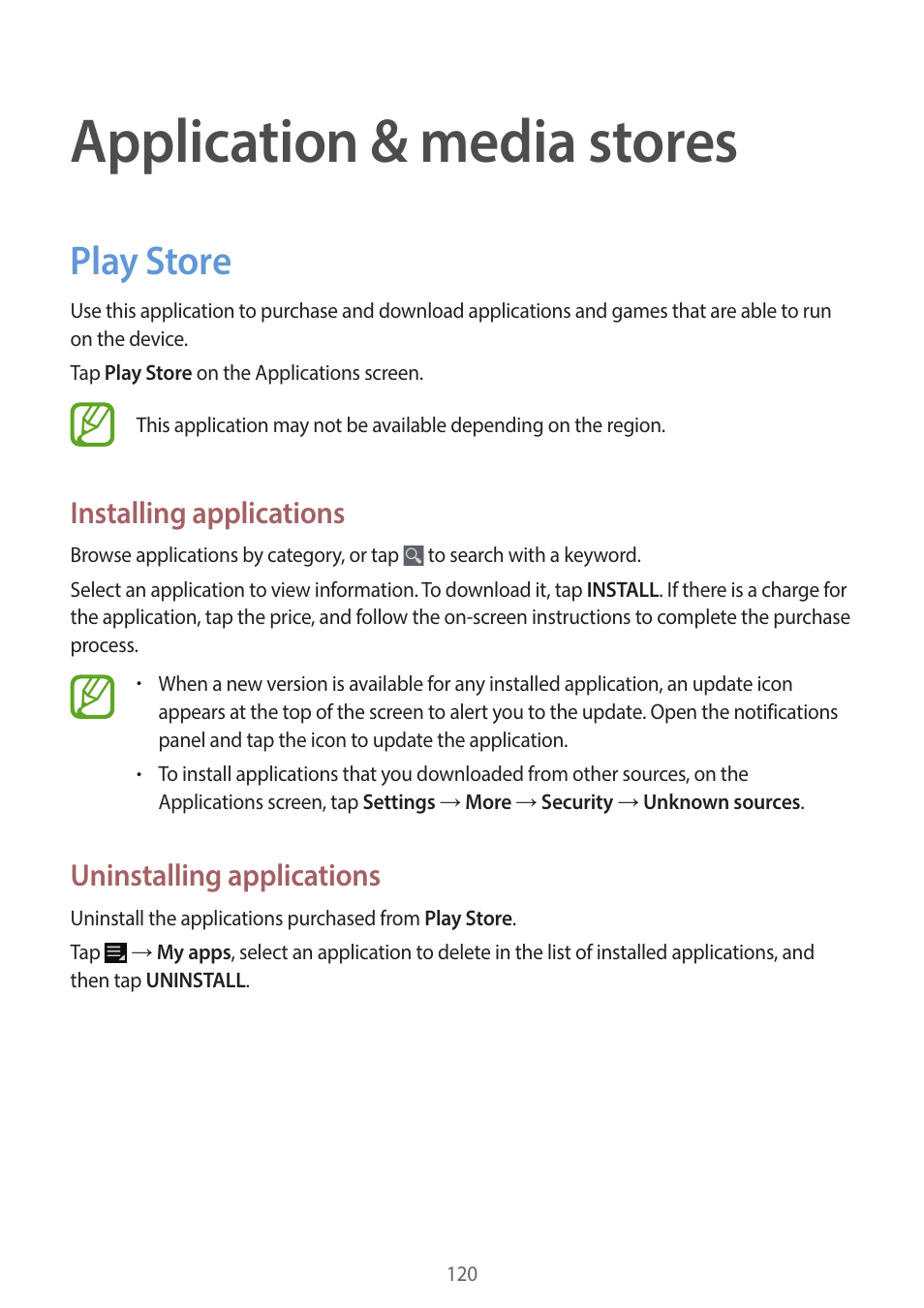 Application & media stores, Play store, 120 play store | Installing applications, Uninstalling applications | Samsung EK-GC200ZWAXAR User Manual | Page 120 / 166