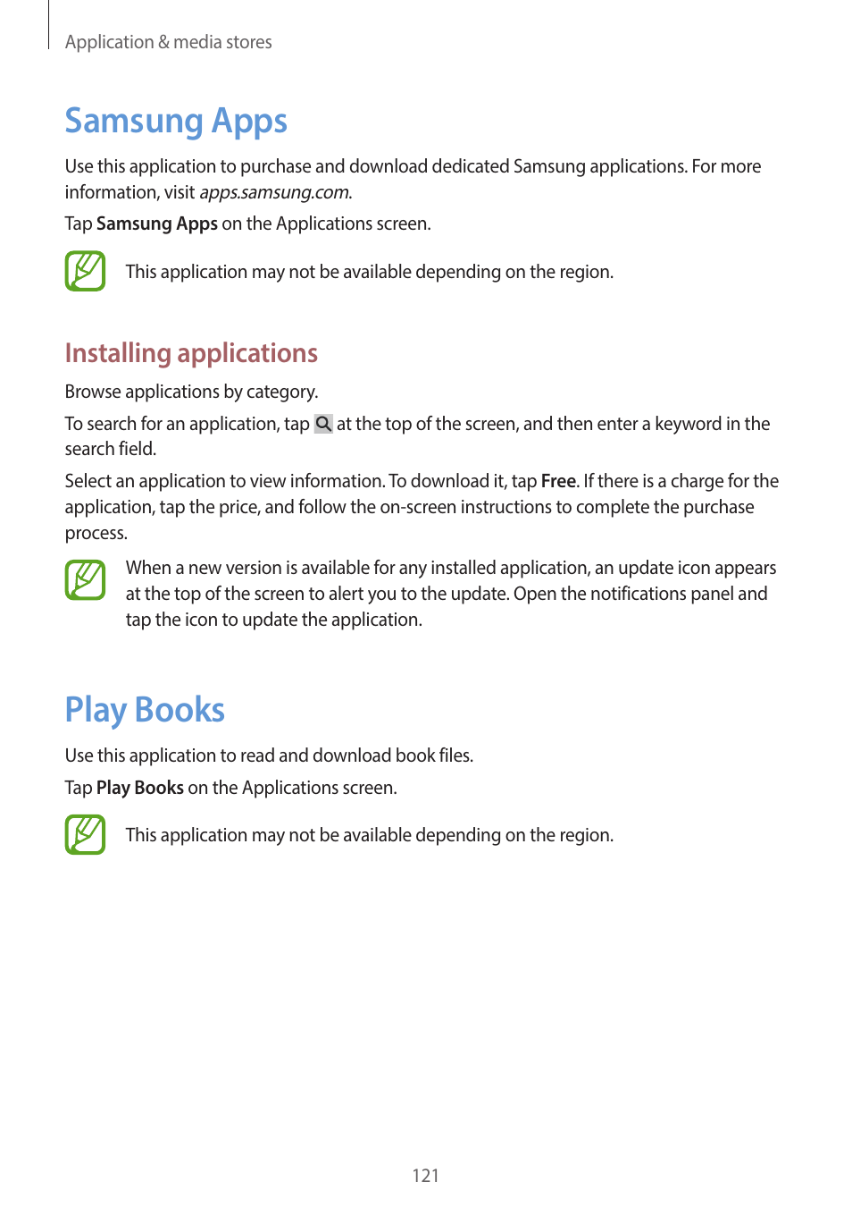 Samsung apps, Play books, 121 samsung apps 121 play books | Installing applications | Samsung EK-GC200ZWAXAR User Manual | Page 121 / 166