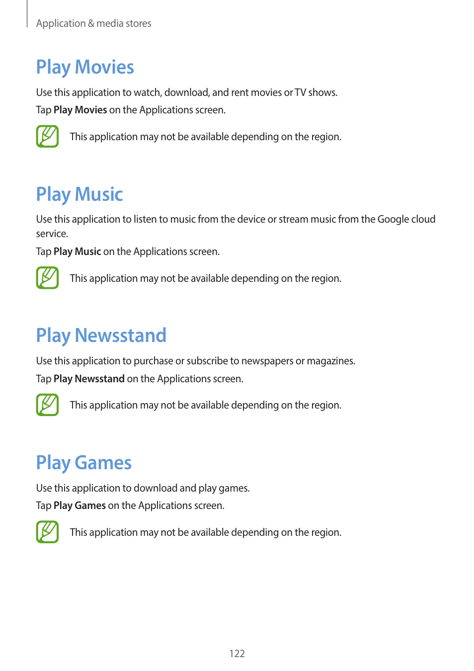 Play movies, Play music, Play newsstand | Play games | Samsung EK-GC200ZWAXAR User Manual | Page 122 / 166