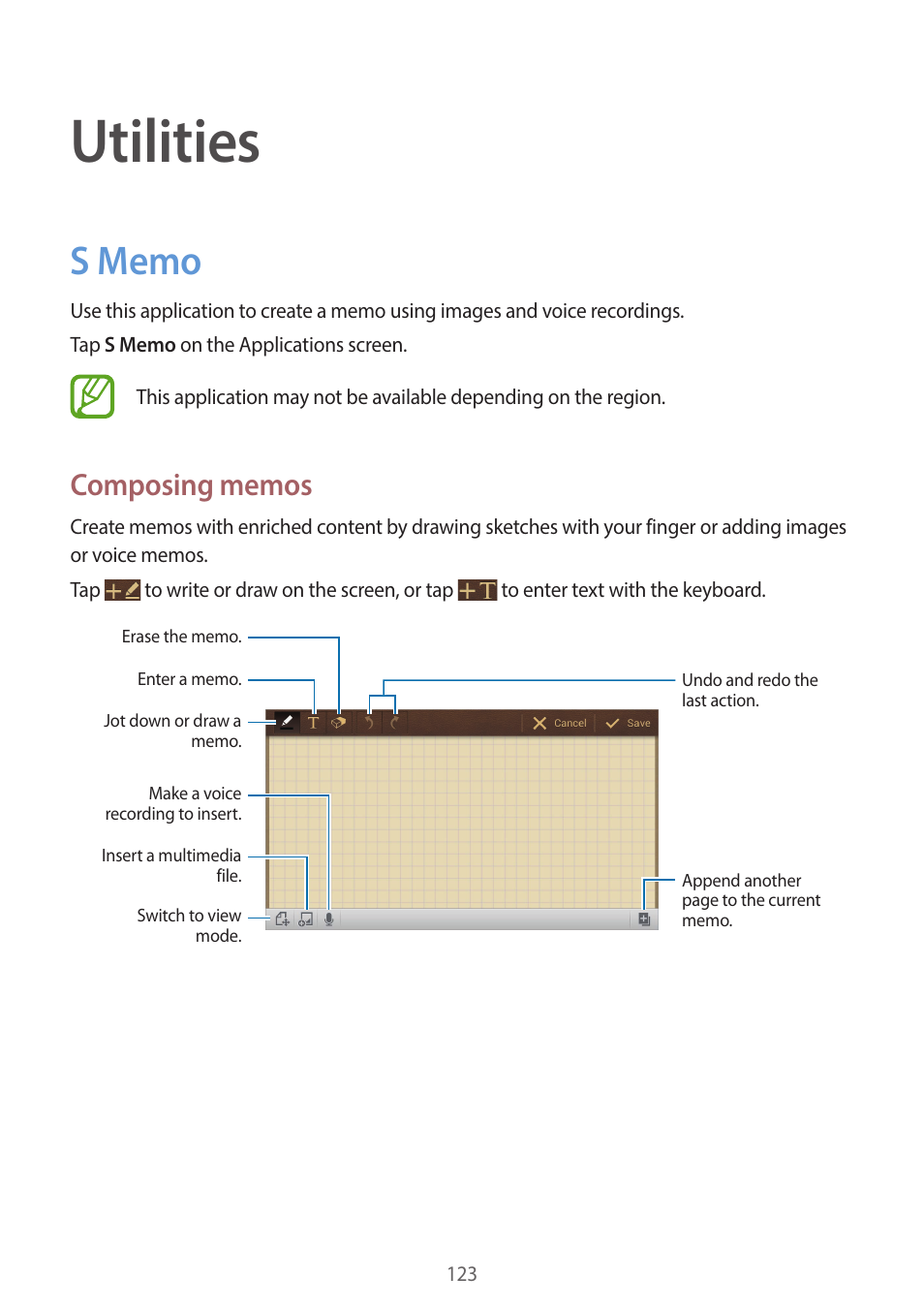 Utilities, S memo, 123 s memo | Samsung EK-GC200ZWAXAR User Manual | Page 123 / 166