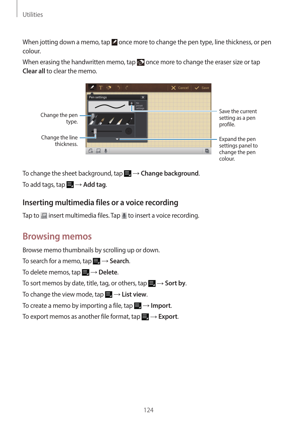 Inserting multimedia files or a voice recording | Samsung EK-GC200ZWAXAR User Manual | Page 124 / 166