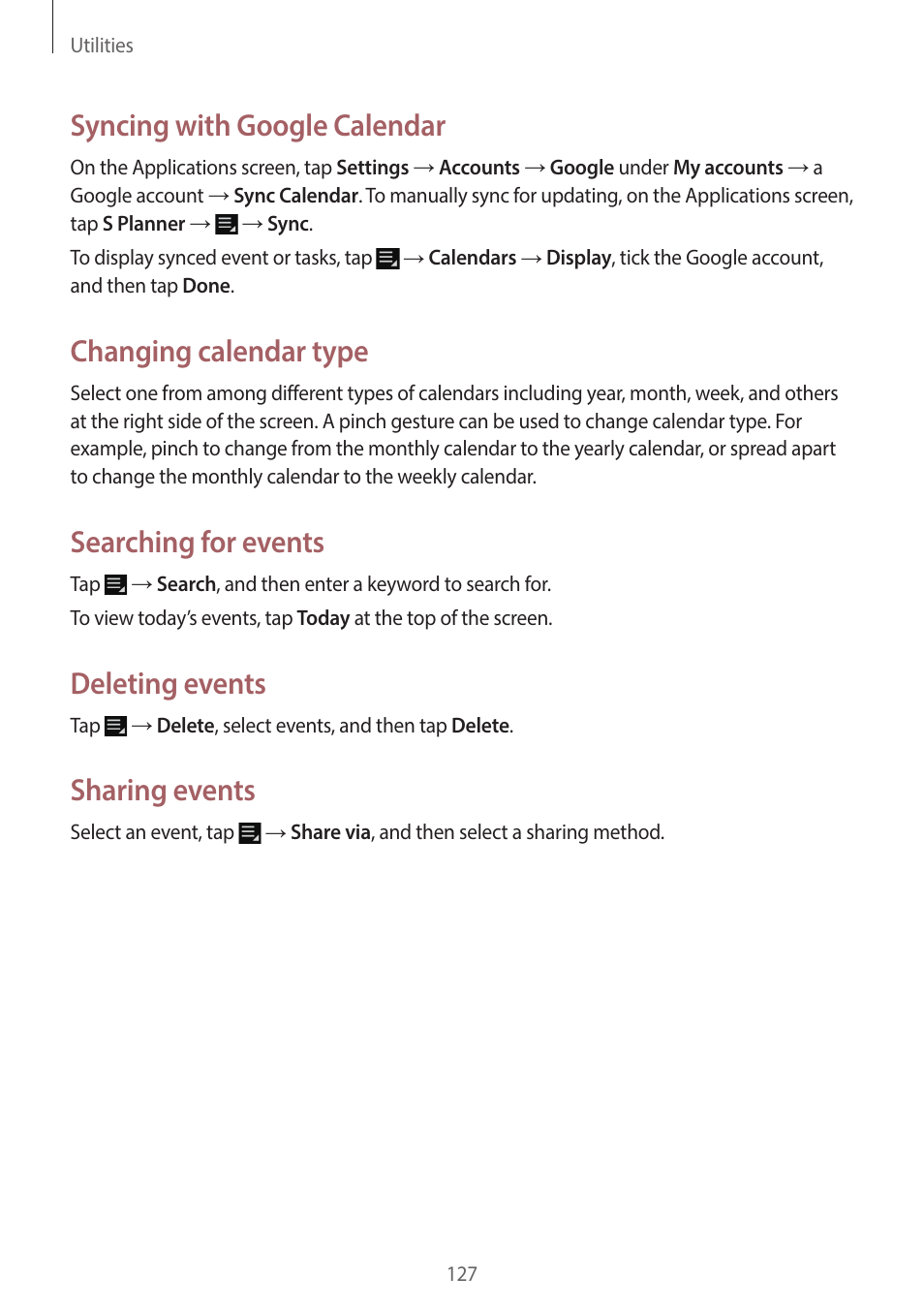 Syncing with google calendar, Changing calendar type, Searching for events | Deleting events, Sharing events | Samsung EK-GC200ZWAXAR User Manual | Page 127 / 166