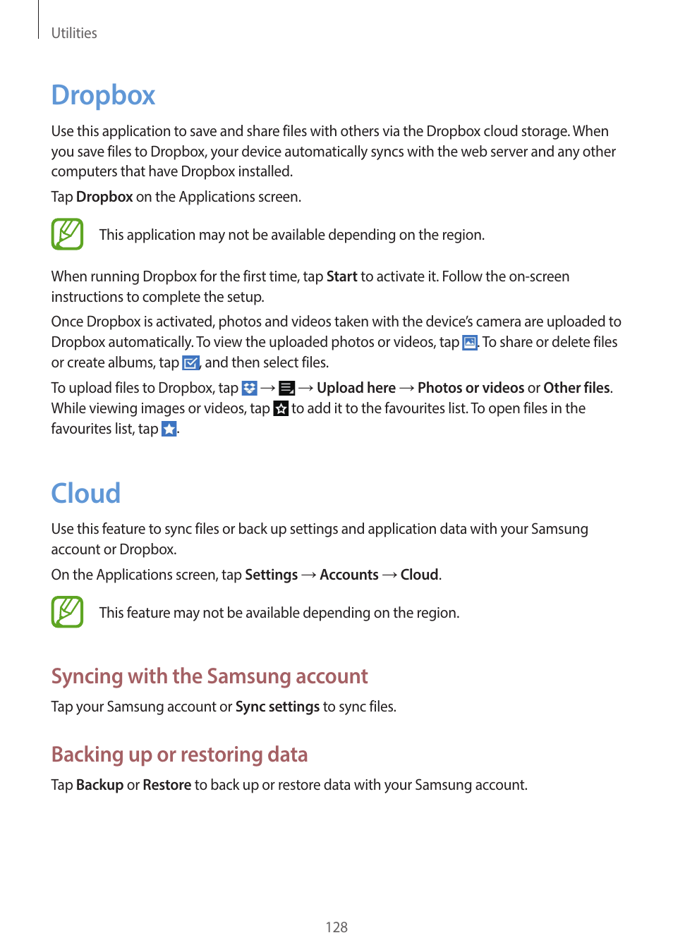 Dropbox, Cloud, 128 dropbox 128 cloud | Syncing with the samsung account, Backing up or restoring data | Samsung EK-GC200ZWAXAR User Manual | Page 128 / 166