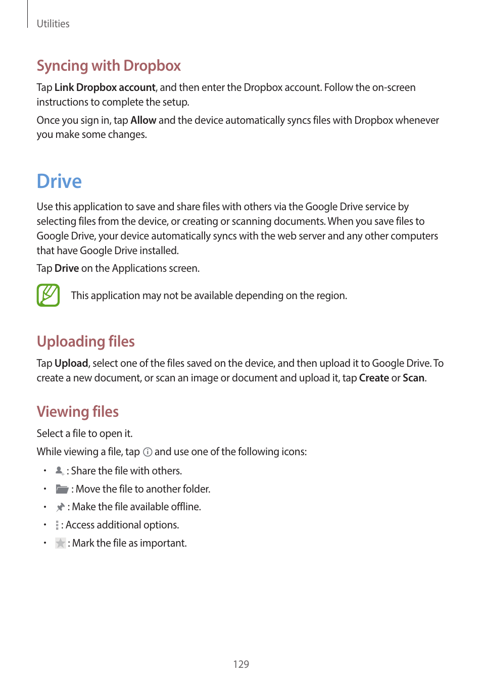 Drive, 129 drive, Syncing with dropbox | Uploading files, Viewing files | Samsung EK-GC200ZWAXAR User Manual | Page 129 / 166