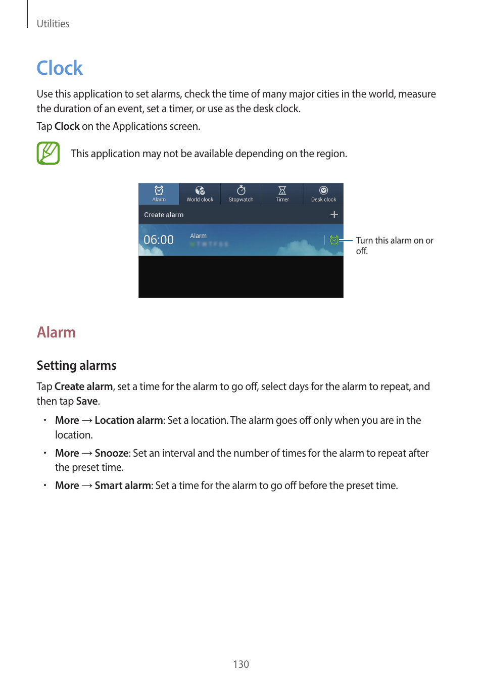 Clock, 130 clock, Alarm | Setting alarms | Samsung EK-GC200ZWAXAR User Manual | Page 130 / 166