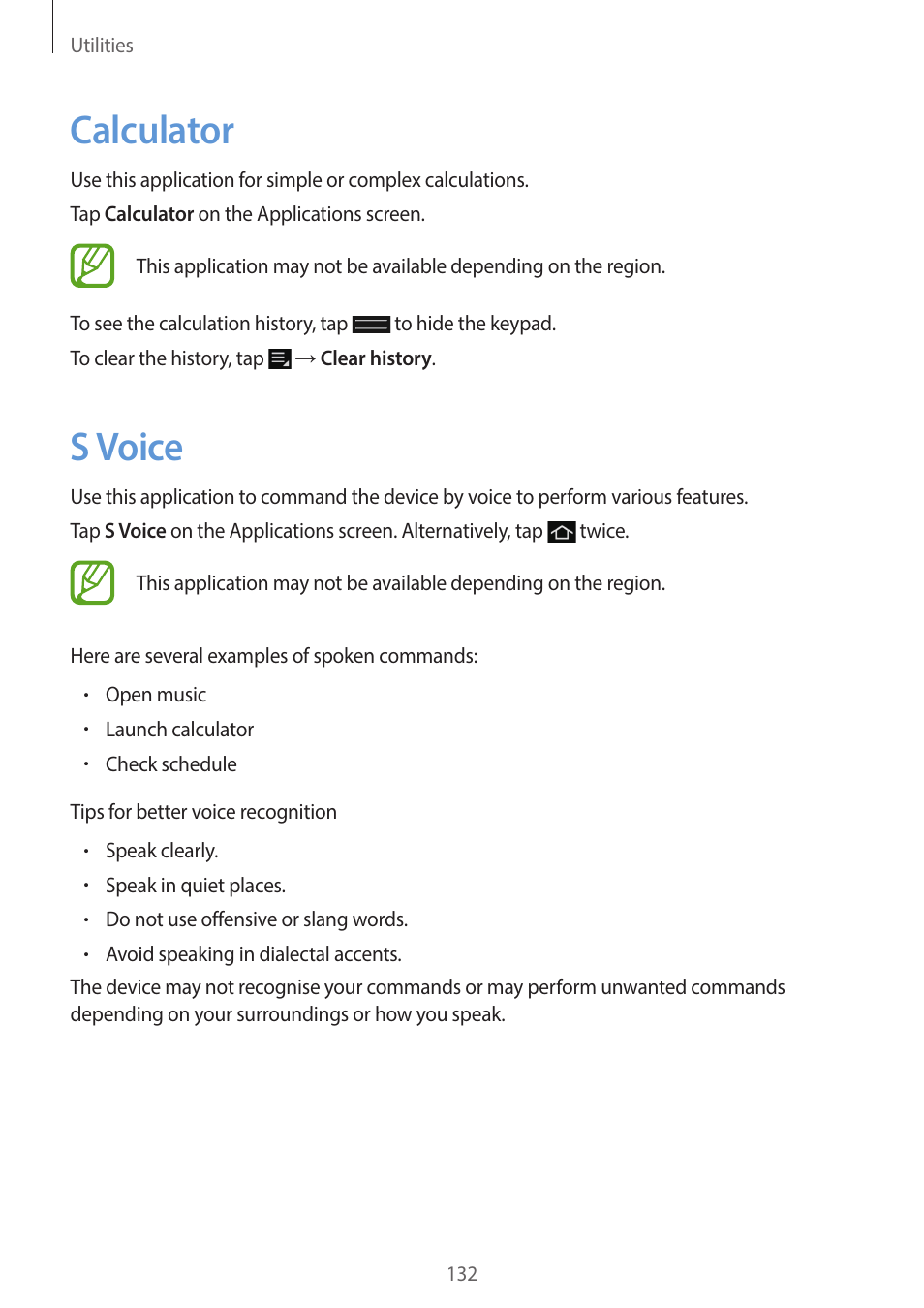 Calculator, S voice, 132 calculator 132 s voice | Samsung EK-GC200ZWAXAR User Manual | Page 132 / 166