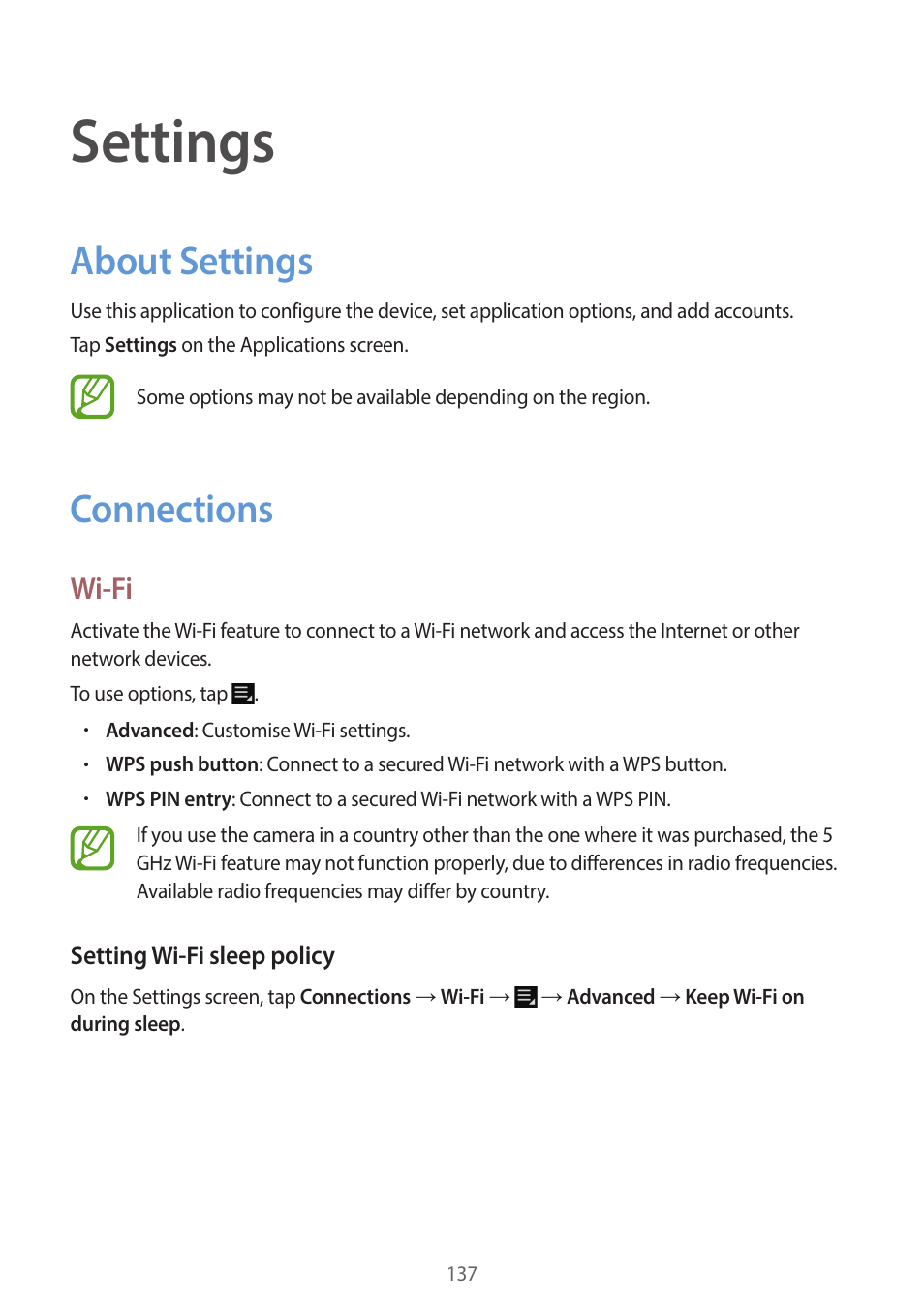 Settings, About settings, Connections | 137 about settings 137 connections, Wi-fi | Samsung EK-GC200ZWAXAR User Manual | Page 137 / 166