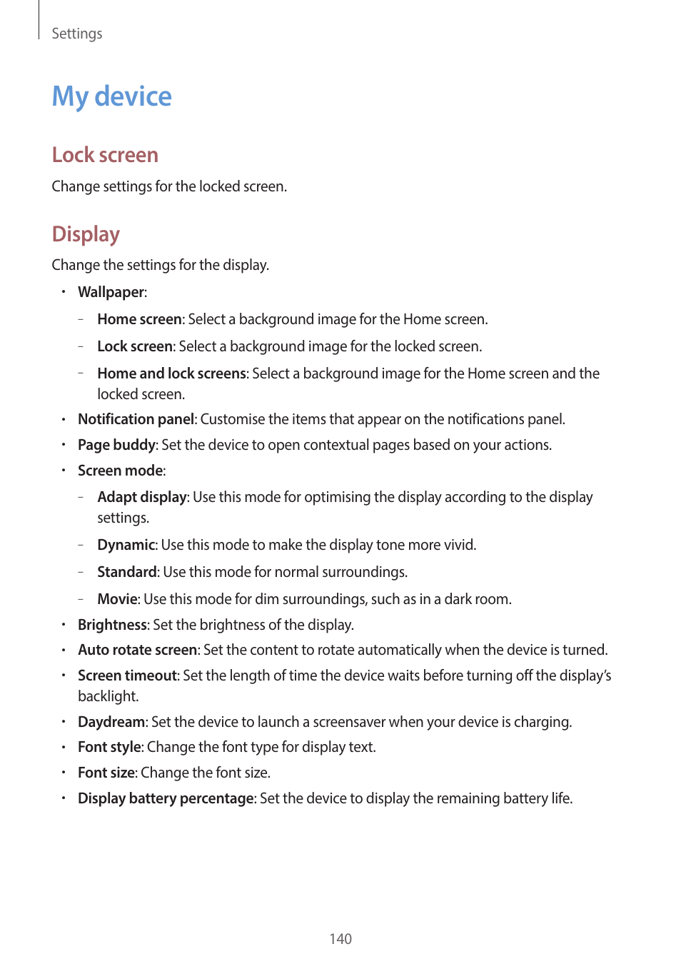 My device, 140 my device, Lock screen | Display | Samsung EK-GC200ZWAXAR User Manual | Page 140 / 166