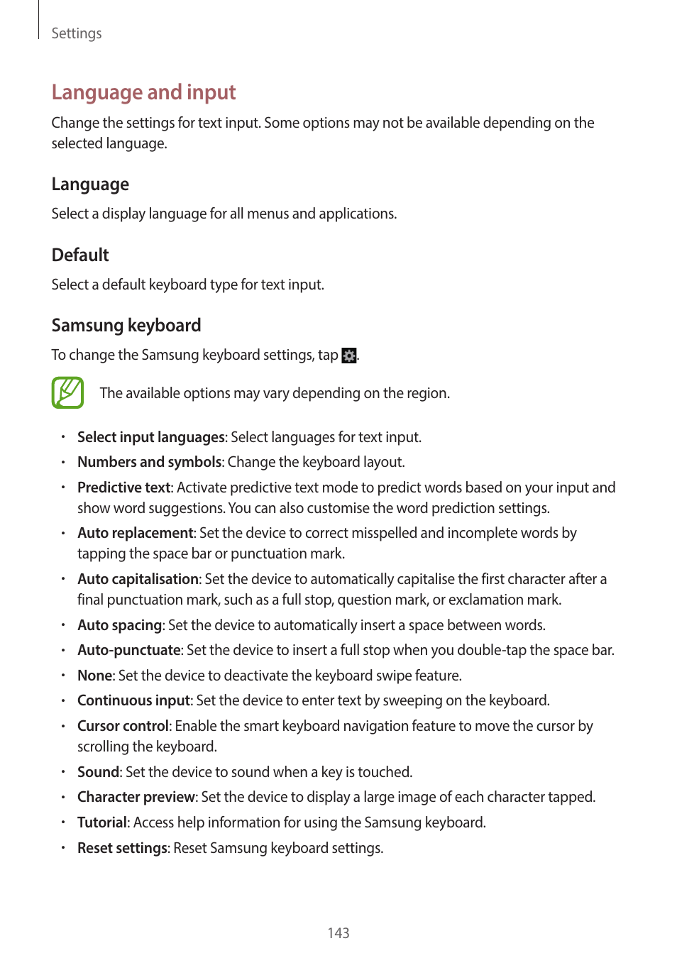 Language and input, Language, Default | Samsung keyboard | Samsung EK-GC200ZWAXAR User Manual | Page 143 / 166
