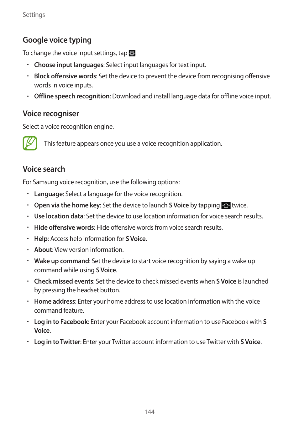 Google voice typing, Voice recogniser, Voice search | Samsung EK-GC200ZWAXAR User Manual | Page 144 / 166