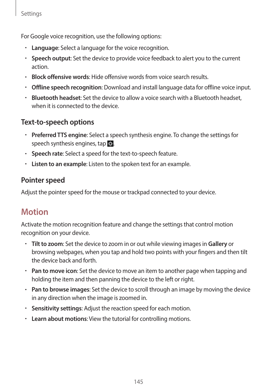 Motion, Text-to-speech options, Pointer speed | Samsung EK-GC200ZWAXAR User Manual | Page 145 / 166