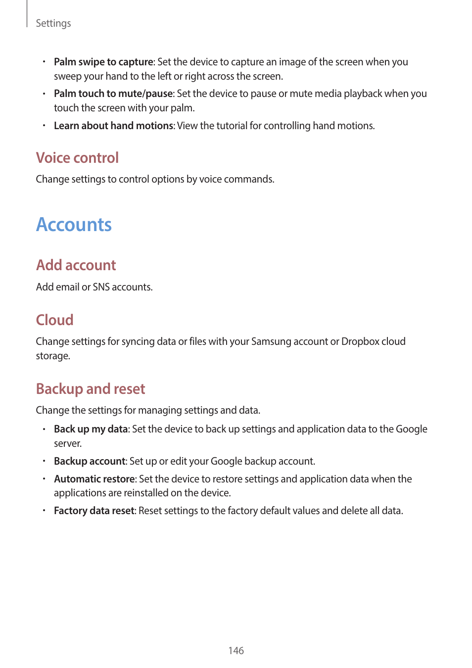 Accounts, 146 accounts, Voice control | Add account, Cloud, Backup and reset | Samsung EK-GC200ZWAXAR User Manual | Page 146 / 166