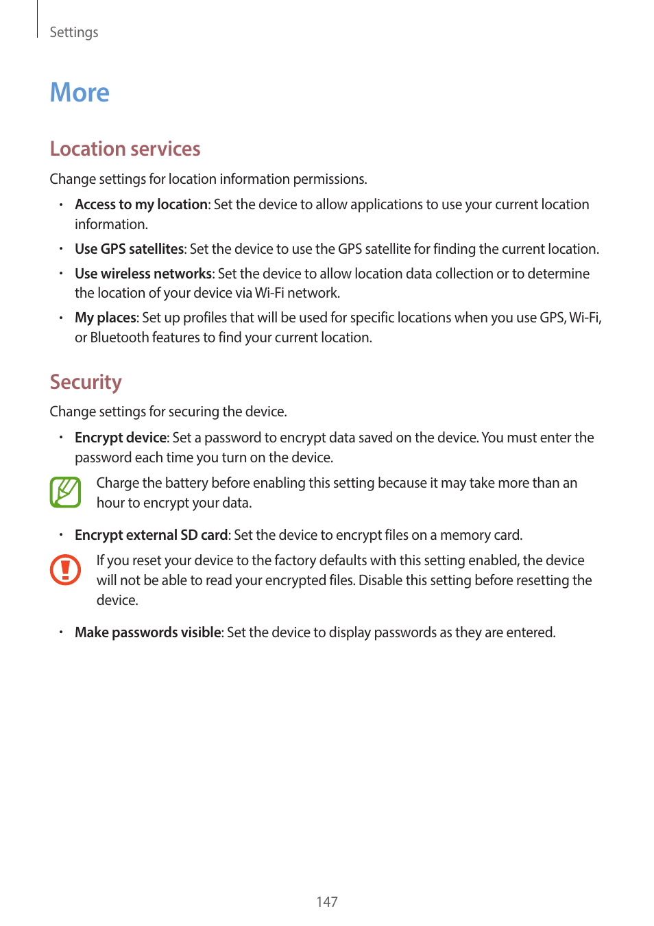 More, 147 more, Location services | Security | Samsung EK-GC200ZWAXAR User Manual | Page 147 / 166