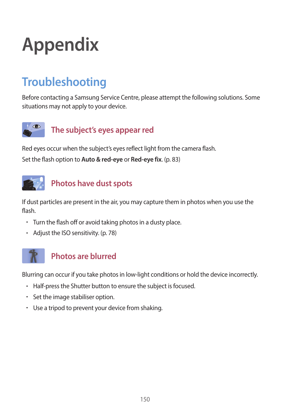 Appendix, Troubleshooting, 150 troubleshooting | Samsung EK-GC200ZWAXAR User Manual | Page 150 / 166