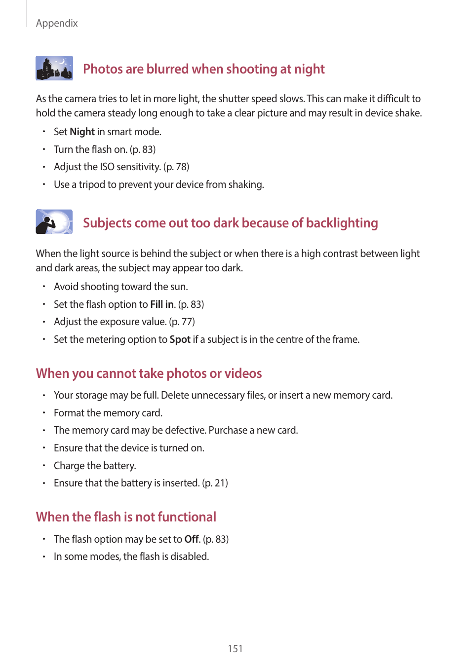 Photos are blurred when shooting at night, Subjects come out too dark because of backlighting, When you cannot take photos or videos | When the flash is not functional | Samsung EK-GC200ZWAXAR User Manual | Page 151 / 166