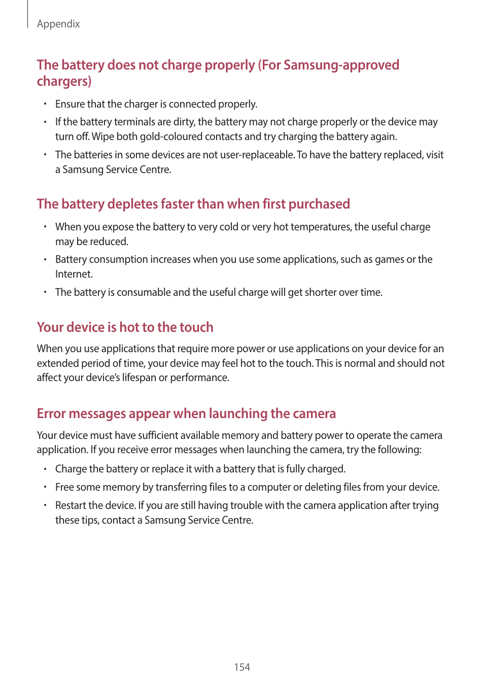 Your device is hot to the touch, Error messages appear when launching the camera | Samsung EK-GC200ZWAXAR User Manual | Page 154 / 166