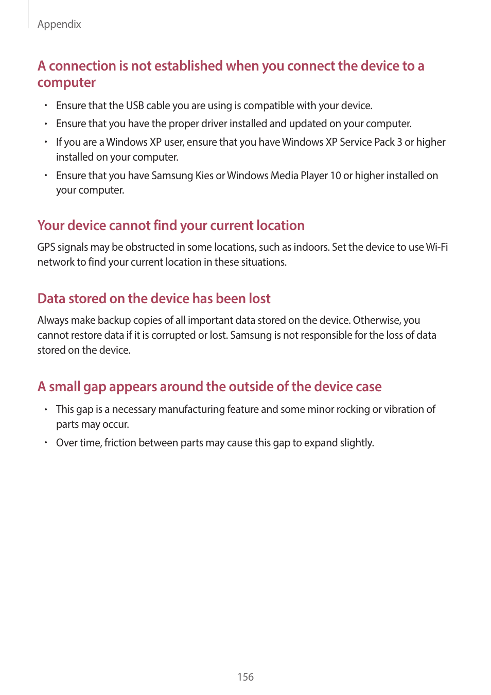 Your device cannot find your current location, Data stored on the device has been lost | Samsung EK-GC200ZWAXAR User Manual | Page 156 / 166