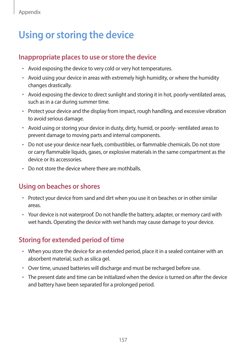 Using or storing the device, 157 using or storing the device, Inappropriate places to use or store the device | Using on beaches or shores, Storing for extended period of time | Samsung EK-GC200ZWAXAR User Manual | Page 157 / 166