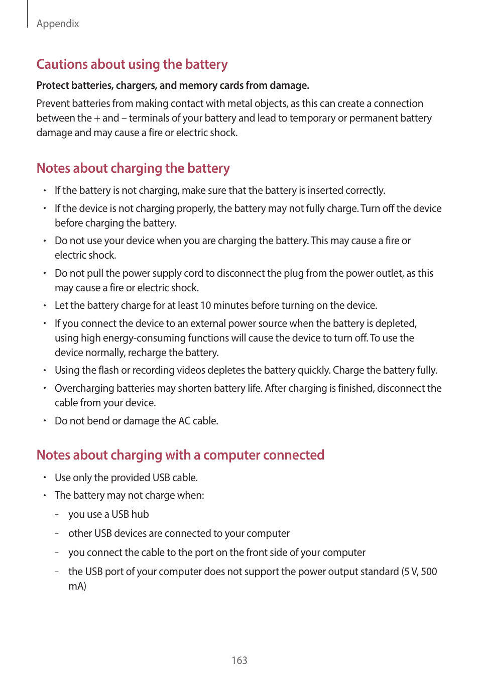 Cautions about using the battery | Samsung EK-GC200ZWAXAR User Manual | Page 163 / 166