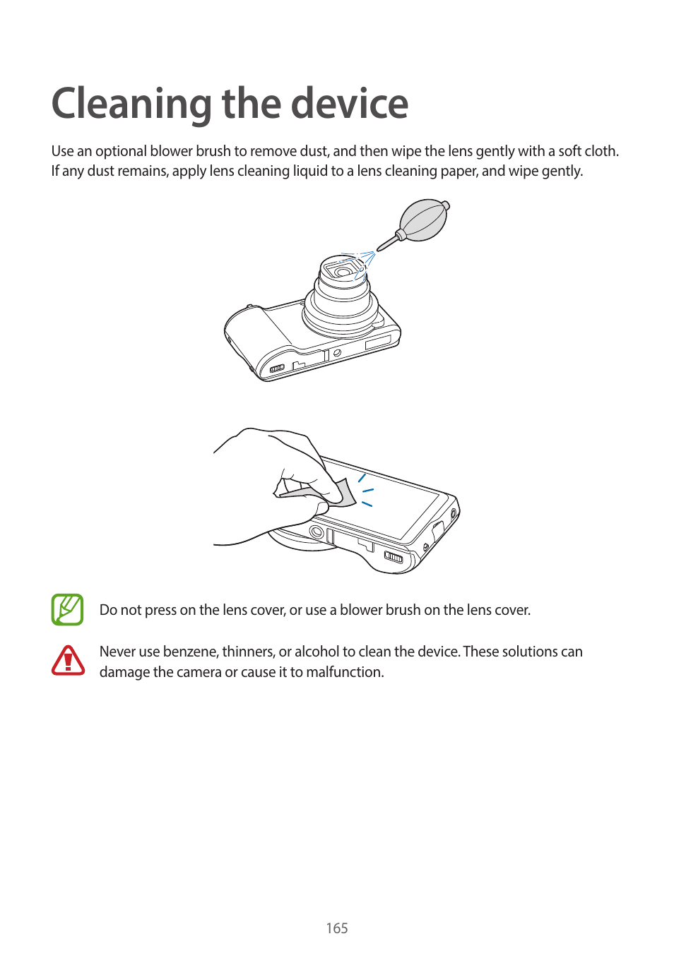 Cleaning the device | Samsung EK-GC200ZWAXAR User Manual | Page 165 / 166